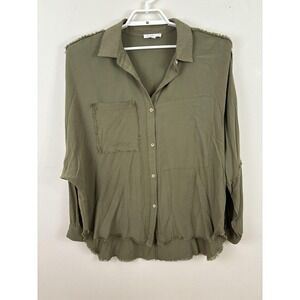 Aemi+Co Shirt Womens Large Green Frayed Hem Lagenlook Minimalist Dolman Sleeves